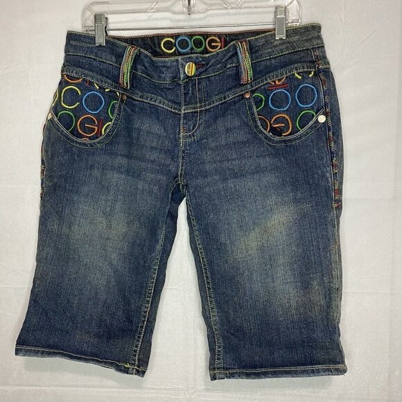 Coogi Womans Embroidered Button Bermuda Denim Jean Shorts Size 13/14 (34x13) - Picture 1 of 8